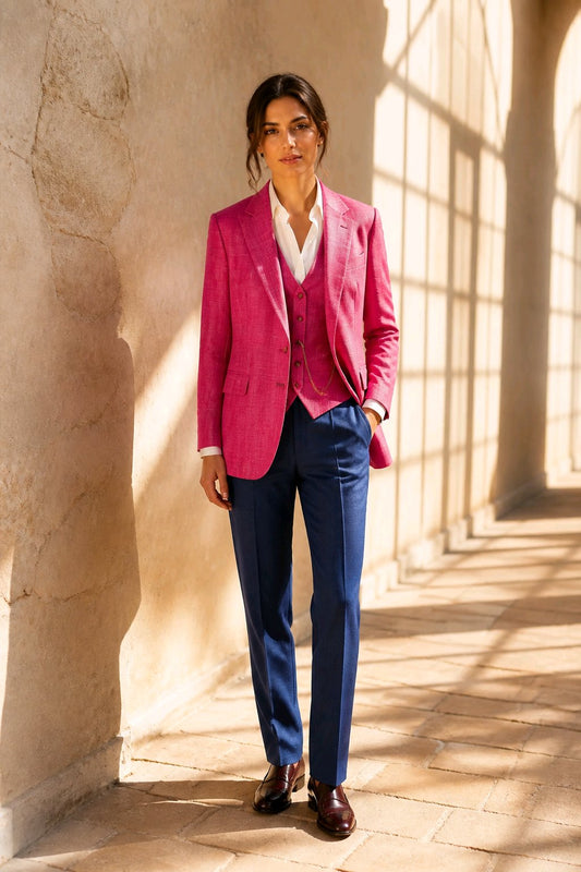 A woman stands in a sunlit stone corridor wearing a bright pink tailored blazer and vest over a white shirt, with navy trousers and dark brown shoes.