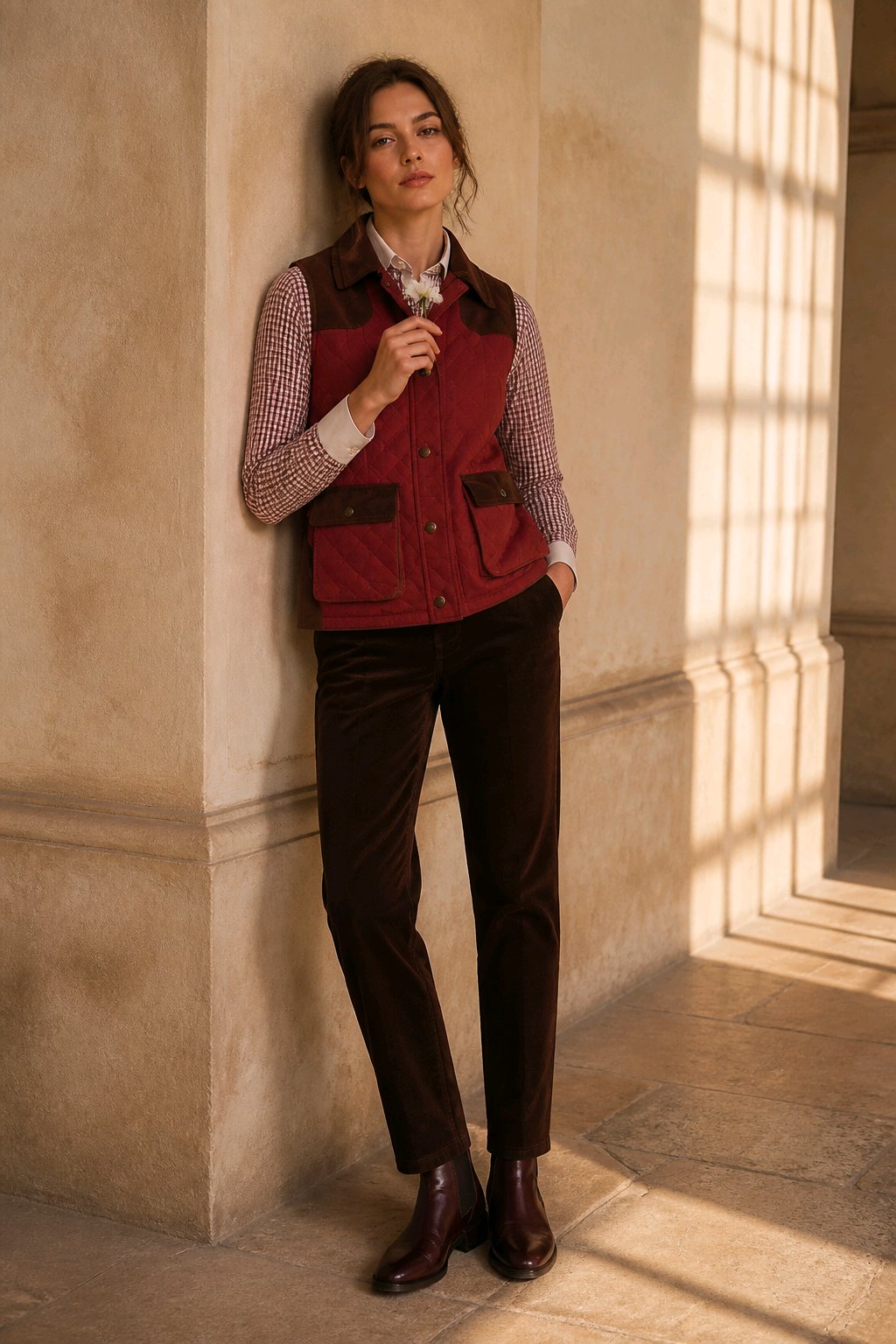 A woman stands in a sunlit stone corridor wearing a burgundy quilted vest over a red-and-white check long-sleeve shirt, dark brown trousers, and dark brown leather boots.