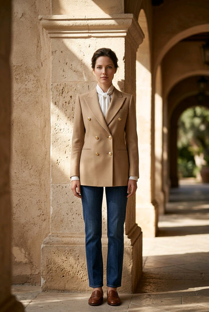 A woman stands in a sunlit stone corridor wearing a camel double-breasted blazer with gold buttons, a white shirt, blue jeans, and brown leather shoes.