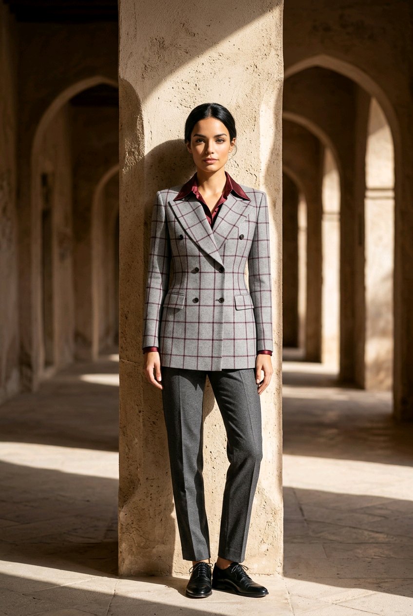 A woman stands in a sunlit stone corridor wearing a tailored double-breasted blazer with a gray and white windowpane plaid pattern, dark gray trousers, and black shoes.