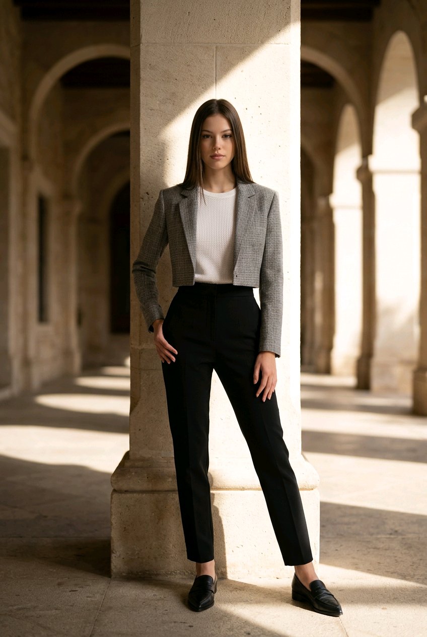 A woman stands in a sunlit stone corridor wearing a tailored gray blazer, white top, black trousers, and black loafers.