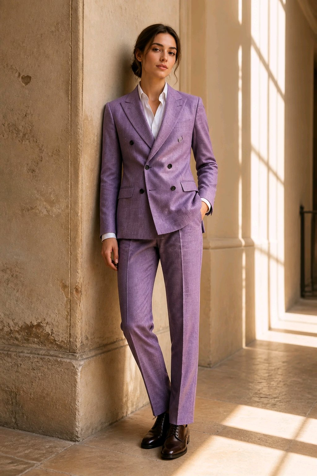 A woman stands in a sunlit stone corridor wearing a tailored lavender-purple double-breasted suit with a white shirt and dark brown leather shoes.
