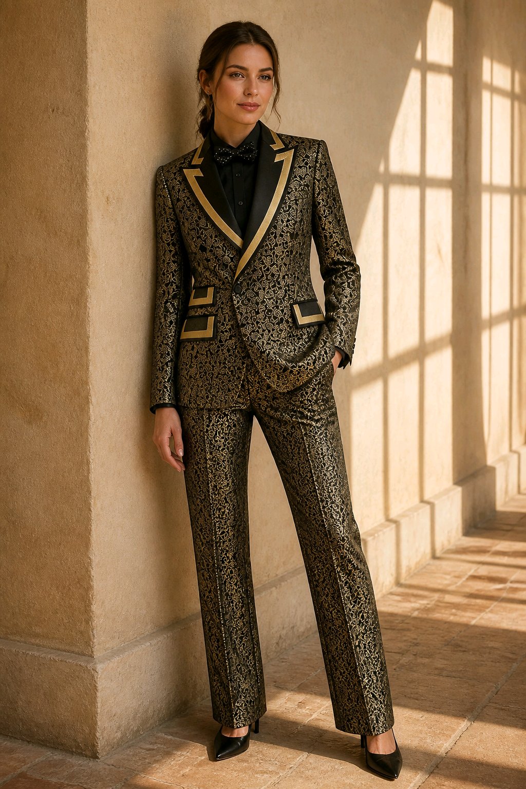 A woman stands in a sunlit stone corridor wearing a tailored two-piece suit with an ornate black and gold pattern, black lapels with gold trim, a black blazer, black trousers, a black shirt, and a black bow tie.