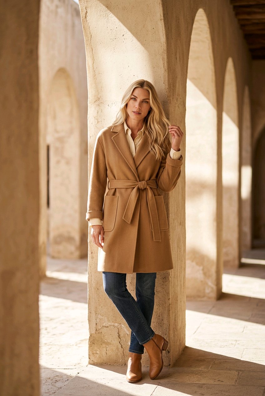 A woman stands in a sunlit stone corridor with arches, wearing a camel-brown belted coat over a cream shirt, blue jeans, and tan ankle boots.