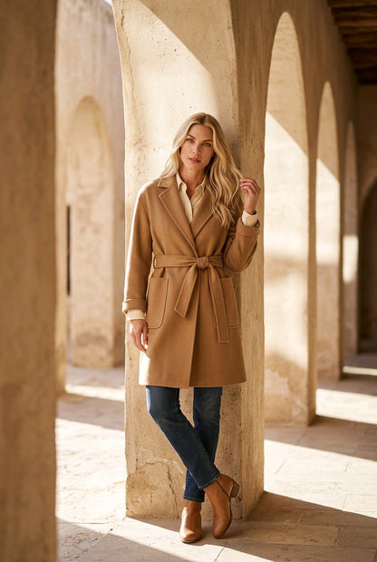 A woman stands in a sunlit stone corridor with arches, wearing a camel-brown belted coat over a cream shirt, blue jeans, and tan ankle boots.