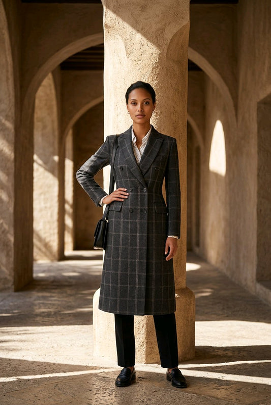 A woman stands in a sunlit stone corridor with arches, wearing a dark gray plaid double-breasted overcoat over a white collared shirt, black trousers, and black loafers, while carrying a black handbag.