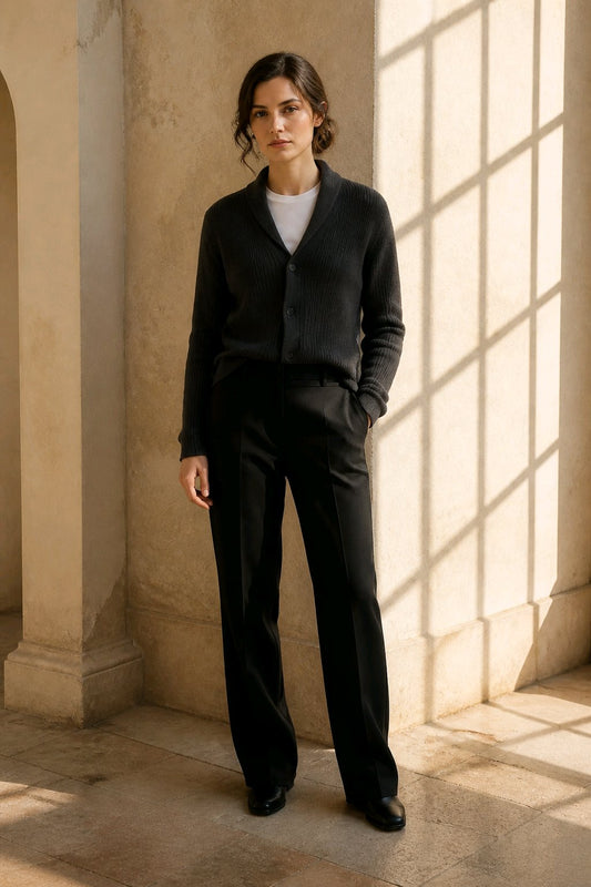 A woman stands in a sunlit stone interior wearing a dark charcoal cardigan over a white top with black wide-leg trousers and black shoes.