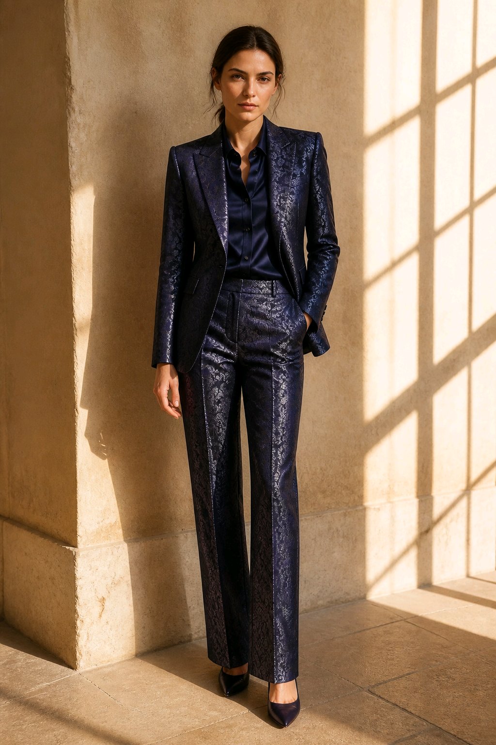 A woman stands in a sunlit stone interior wearing a tailored navy blue patterned suit with a satin shirt and dark pointed heels.