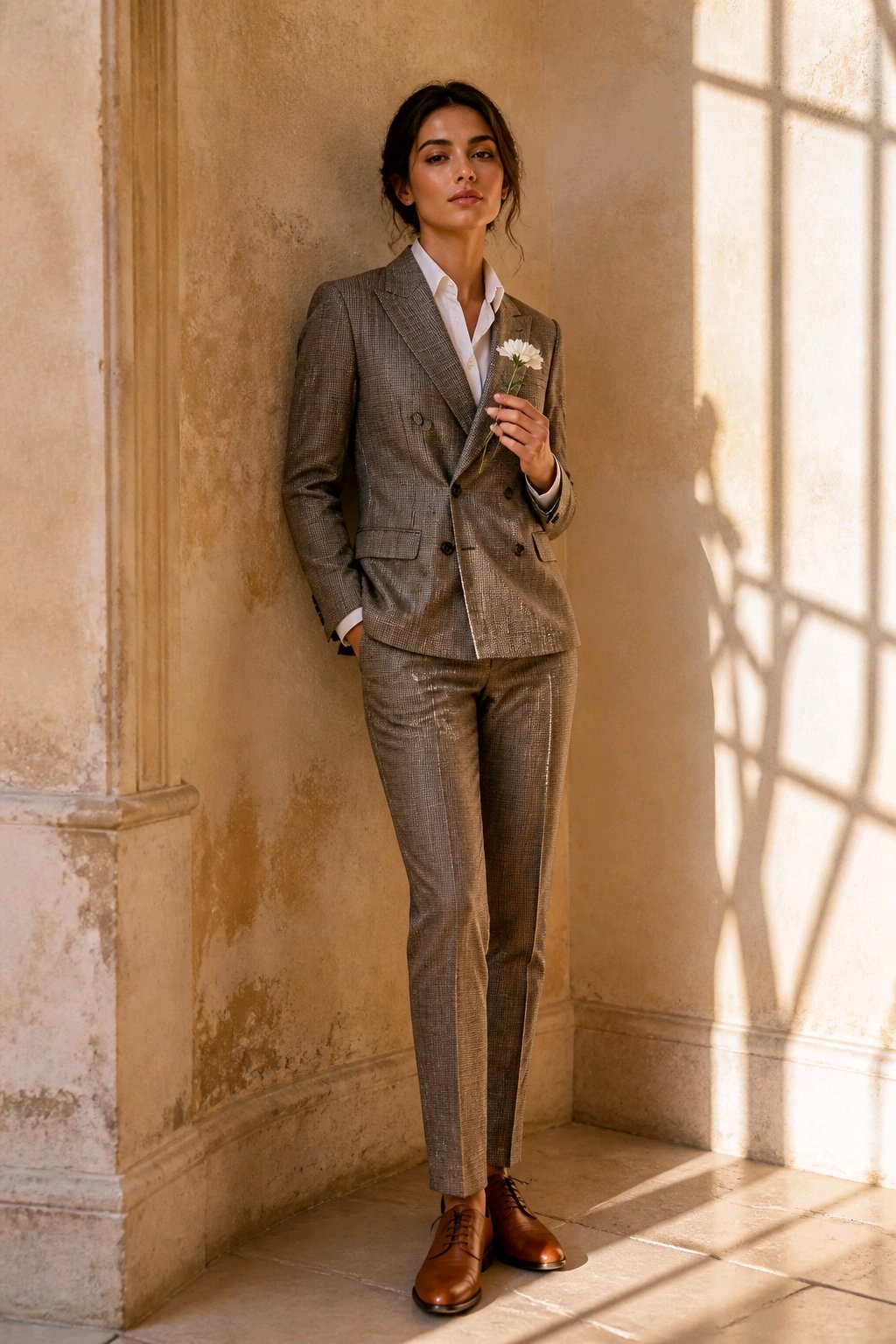 A woman stands in a sunlit stone interior wearing a tailored taupe-gray double-breasted suit with matching trousers, a white shirt, and brown leather shoes. She holds a small bouquet against a warm beige wall with window shadow patterns.