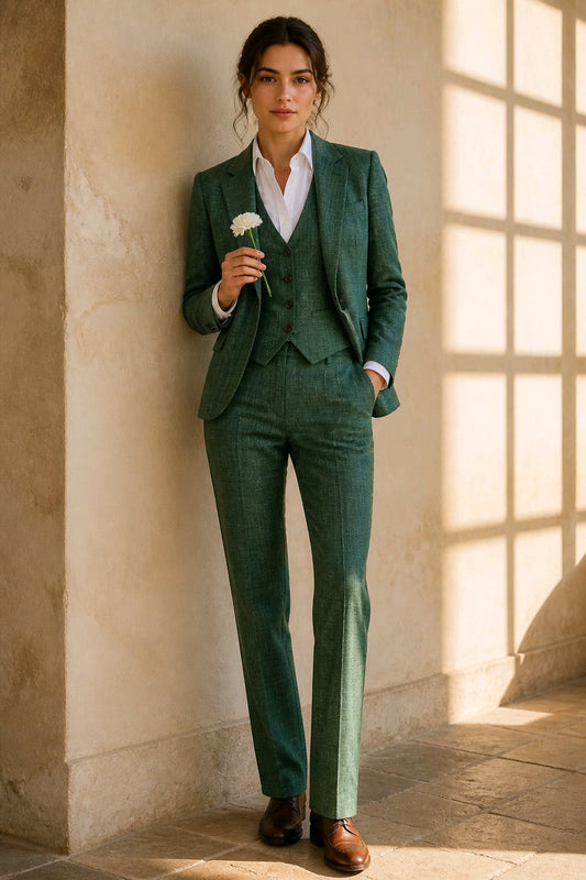 A woman stands in a sunlit stone interior wearing a tailored three-piece suit in deep green with a white shirt and brown shoes, holding a small white flower at the chest.
