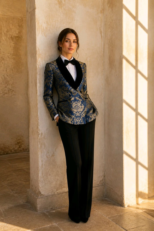 A woman stands in a sunlit stone interior wearing a tailored tuxedo-style blazer with a blue and gold ornate pattern, black satin lapels, a white shirt, black bow tie, and black trousers.