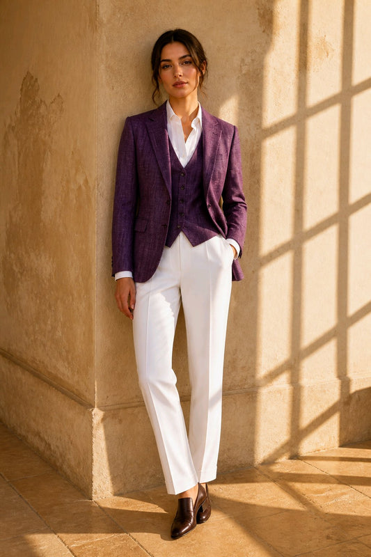 A woman stands in a warm, sunlit stone room wearing a purple three-piece blazer and vest suit with white trousers and white shirt.