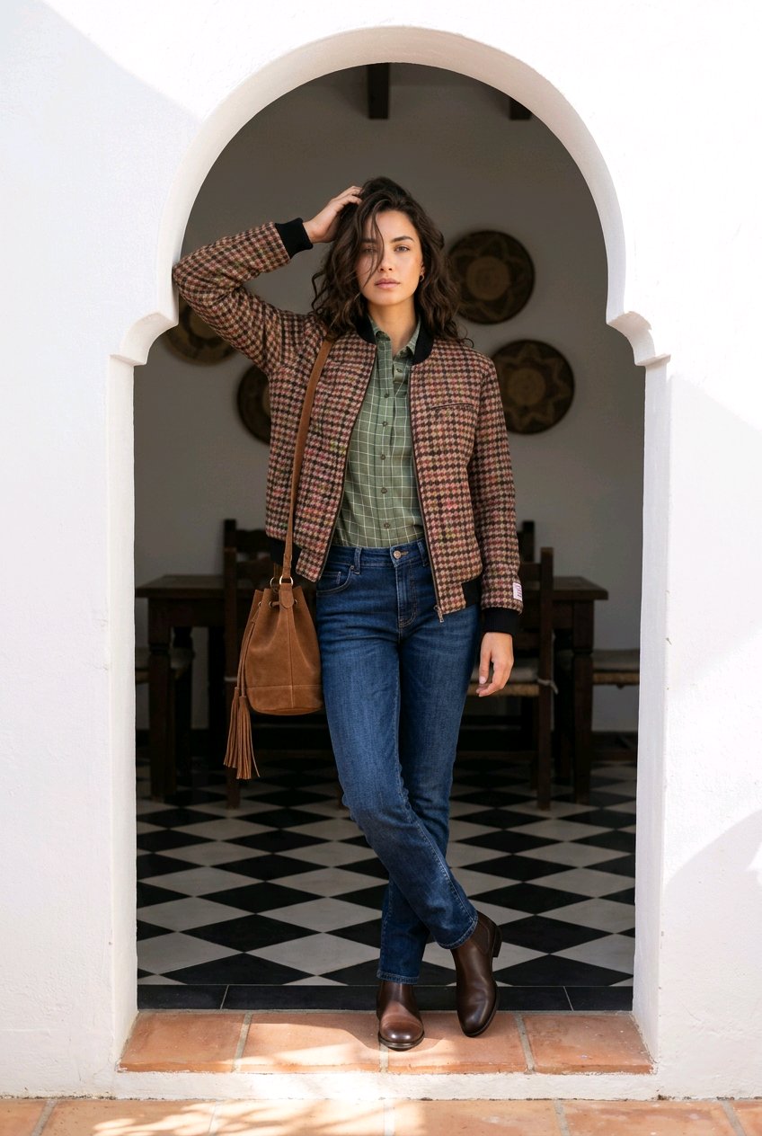 A woman stands in a white arched doorway wearing a brown and beige plaid blazer over a green shirt, blue jeans, and brown boots, with a brown leather tassel shoulder bag.