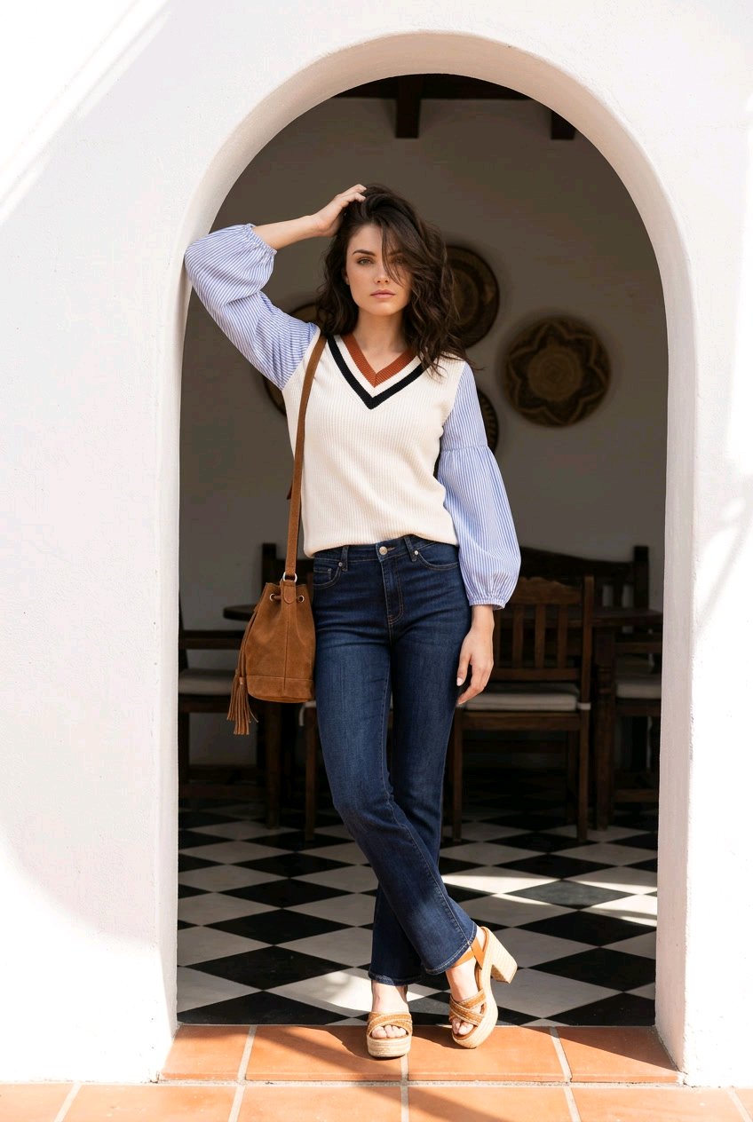 A woman stands in a white arched doorway wearing a cream knit sweater vest with a black and navy V-neck trim over light blue balloon sleeves, paired with dark blue jeans, a brown leather shoulder bag, and beige platform sandals.
