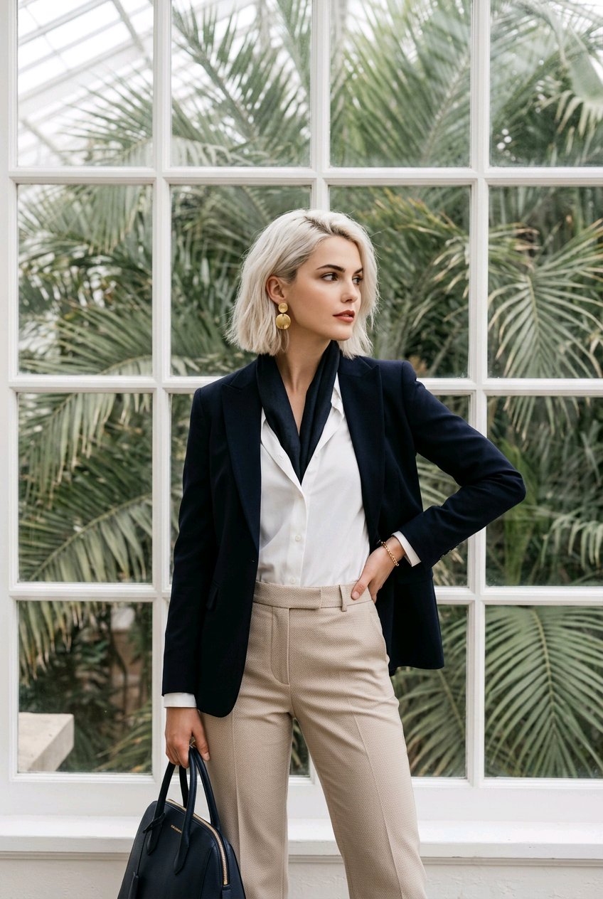 A woman stands in front of a large white-framed window with tropical greenery outside, wearing a dark navy blazer over a white blouse and beige trousers, holding a dark navy handbag.