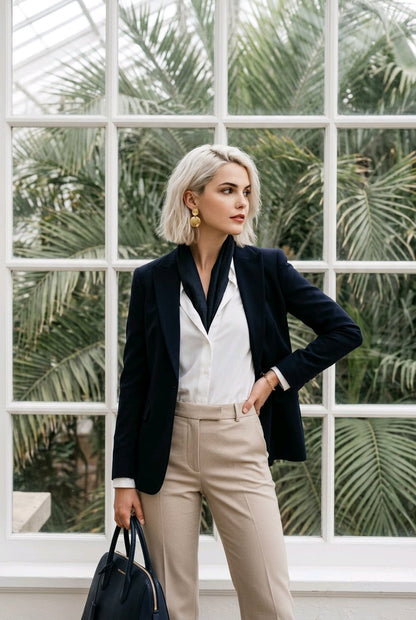A woman stands in front of a large white-framed window with tropical greenery outside, wearing a dark navy blazer over a white blouse and beige trousers, holding a dark navy handbag.