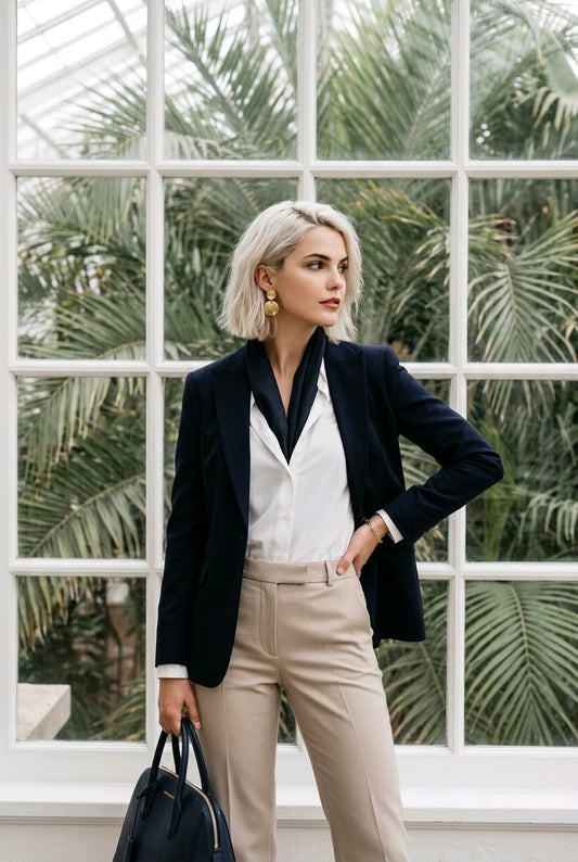 A woman stands in front of a large white-framed window with tropical greenery outside, wearing a dark navy blazer over a white blouse and beige trousers, holding a dark navy handbag.