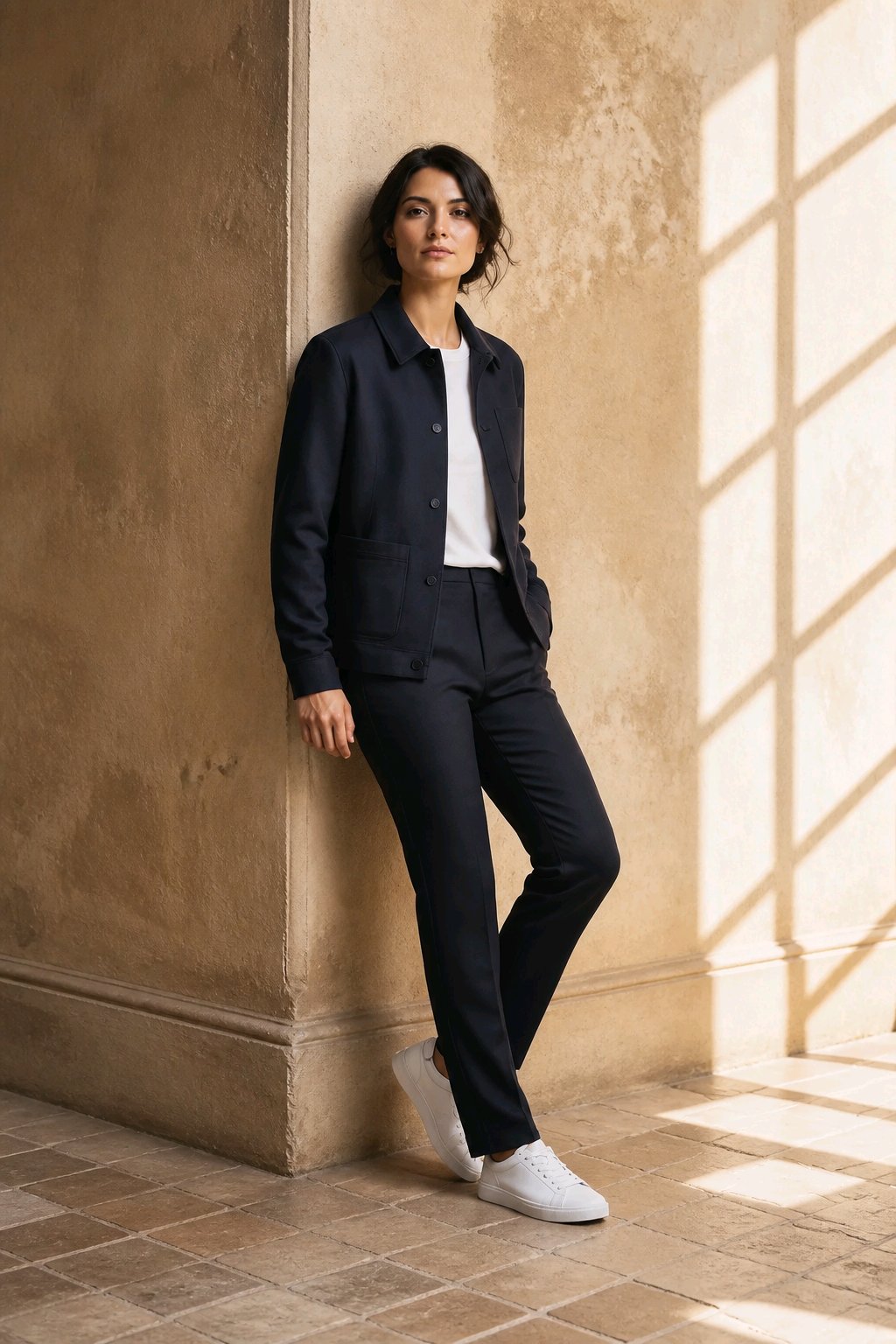 A woman stands leaning against a textured beige wall in a sunlit interior, wearing a dark navy jacket and matching trousers over a white top with white sneakers.