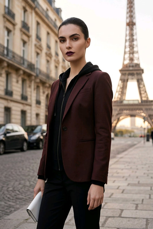 A woman stands on a Parisian street with the Eiffel Tower in the background, wearing a dark burgundy blazer over a black hoodie and black pants, holding a white clutch.