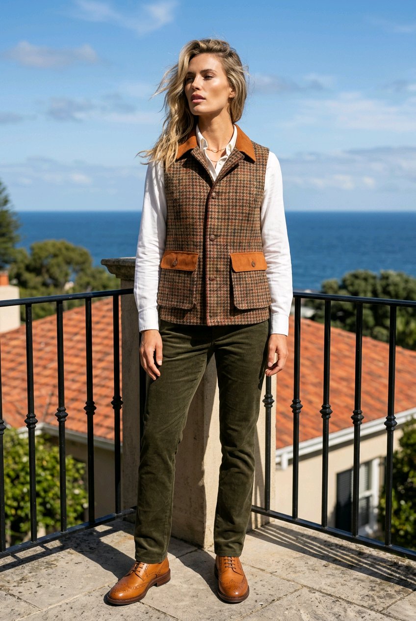 A woman stands on a balcony overlooking the sea and rooftops, wearing a brown and beige plaid vest with tan leather-like trim over a white shirt, olive green trousers, and brown leather shoes.