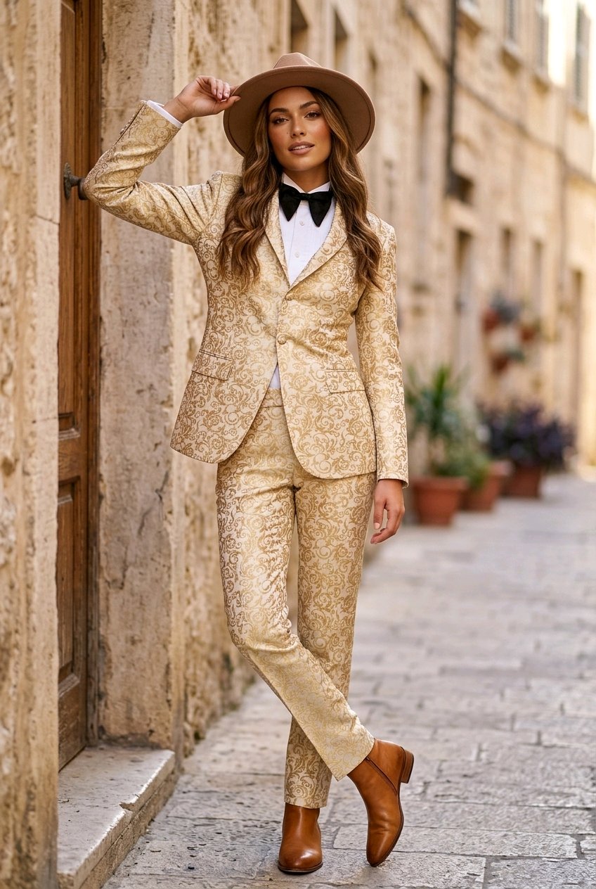 A woman stands on a cobblestone street wearing a gold patterned blazer and matching trousers with a white shirt, black bow tie, brown hat, and brown ankle boots.