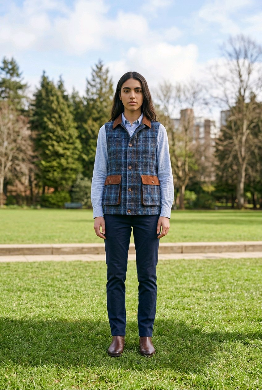 A woman stands on a grassy lawn wearing a blue and brown plaid vest over a light blue shirt, dark navy pants, and brown boots, with trees and a cloudy sky in the background.