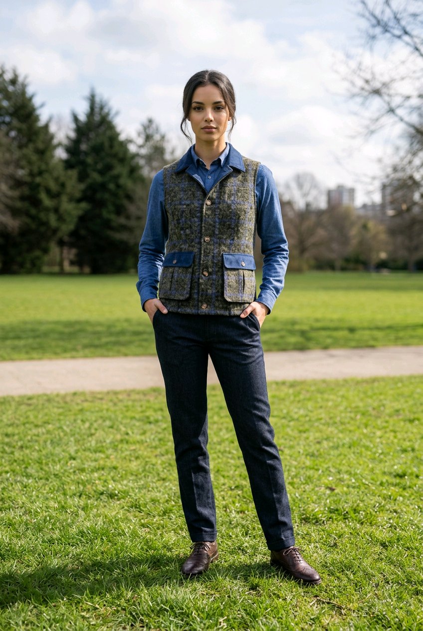 A woman stands on a grassy park path wearing a patterned hunting vest over a blue shirt, dark trousers, and brown shoes, with trees and a cloudy sky in the background.