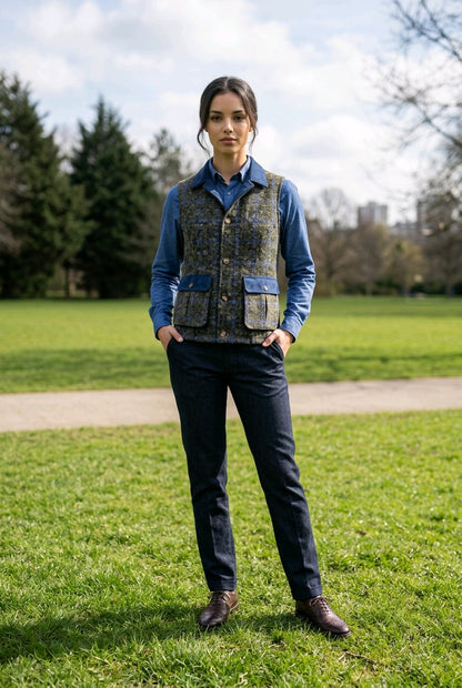 A woman stands on a grassy park path wearing a patterned hunting vest over a blue shirt, dark trousers, and brown shoes, with trees and a cloudy sky in the background.
