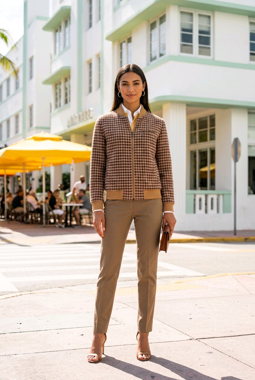 A woman stands on a sunny city sidewalk wearing a brown and beige checkered zip-up jacket with tan trim, matching tan trousers, and nude heels, with a white collared shirt visible underneath. Art Deco style buildings and yellow patio umbrellas are in the background.