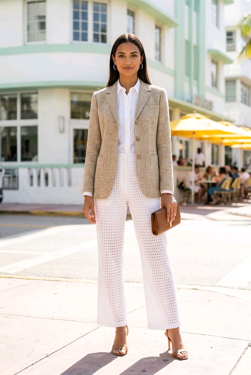 A woman stands on a sunny sidewalk wearing a beige textured blazer, a white button-up shirt, and white crochet wide-leg pants, holding a brown clutch bag. A white and mint green building with yellow patio umbrellas is in the background.