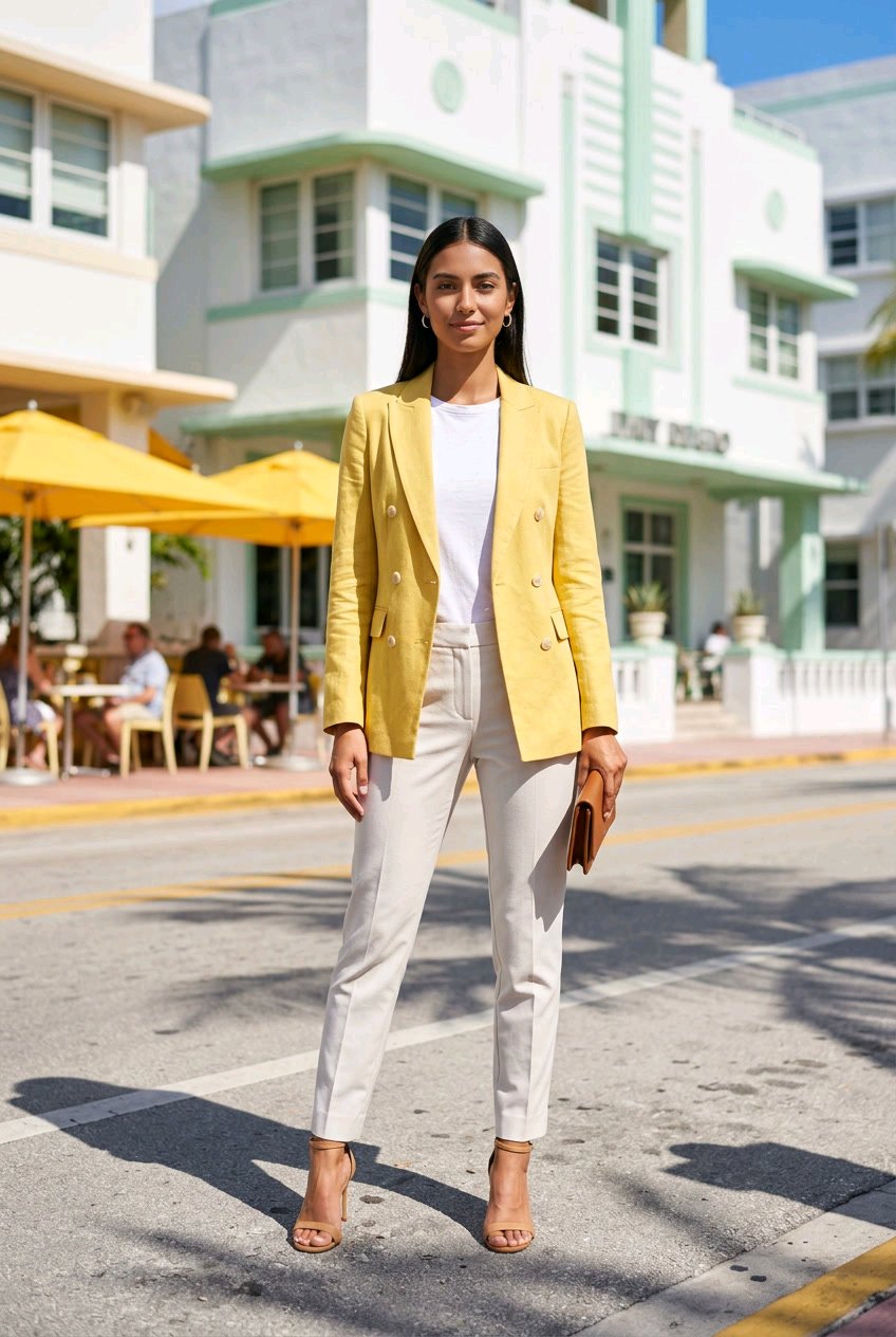 A woman stands on a sunny street wearing a bright yellow double-breasted blazer, white top, and off-white trousers, holding a brown clutch. Art Deco style buildings and yellow umbrellas are visible in the background.