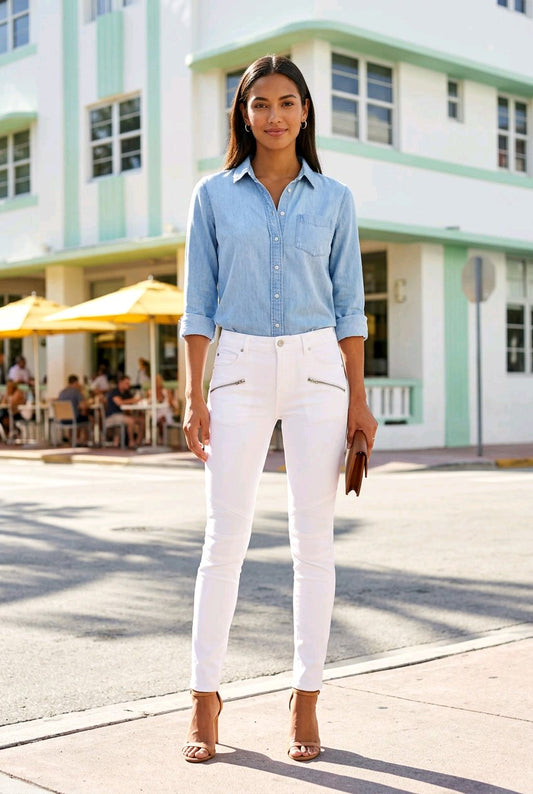 A woman stands on a sunny street wearing a light blue button-up shirt, white skinny jeans with zippered pockets, and tan heeled sandals, with a pastel building in the background.
