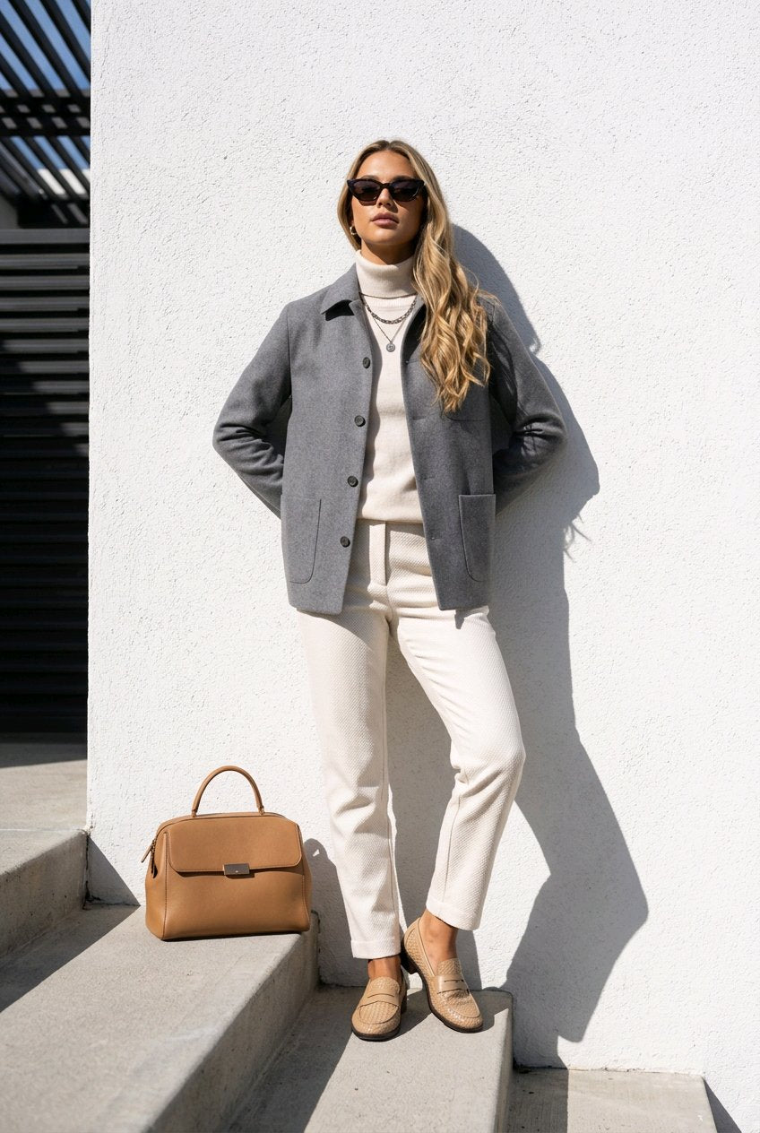 A woman stands on concrete steps against a white wall wearing a gray button-front jacket over a cream turtleneck, cream pants, and tan loafers. A tan handbag rests beside her on the steps.