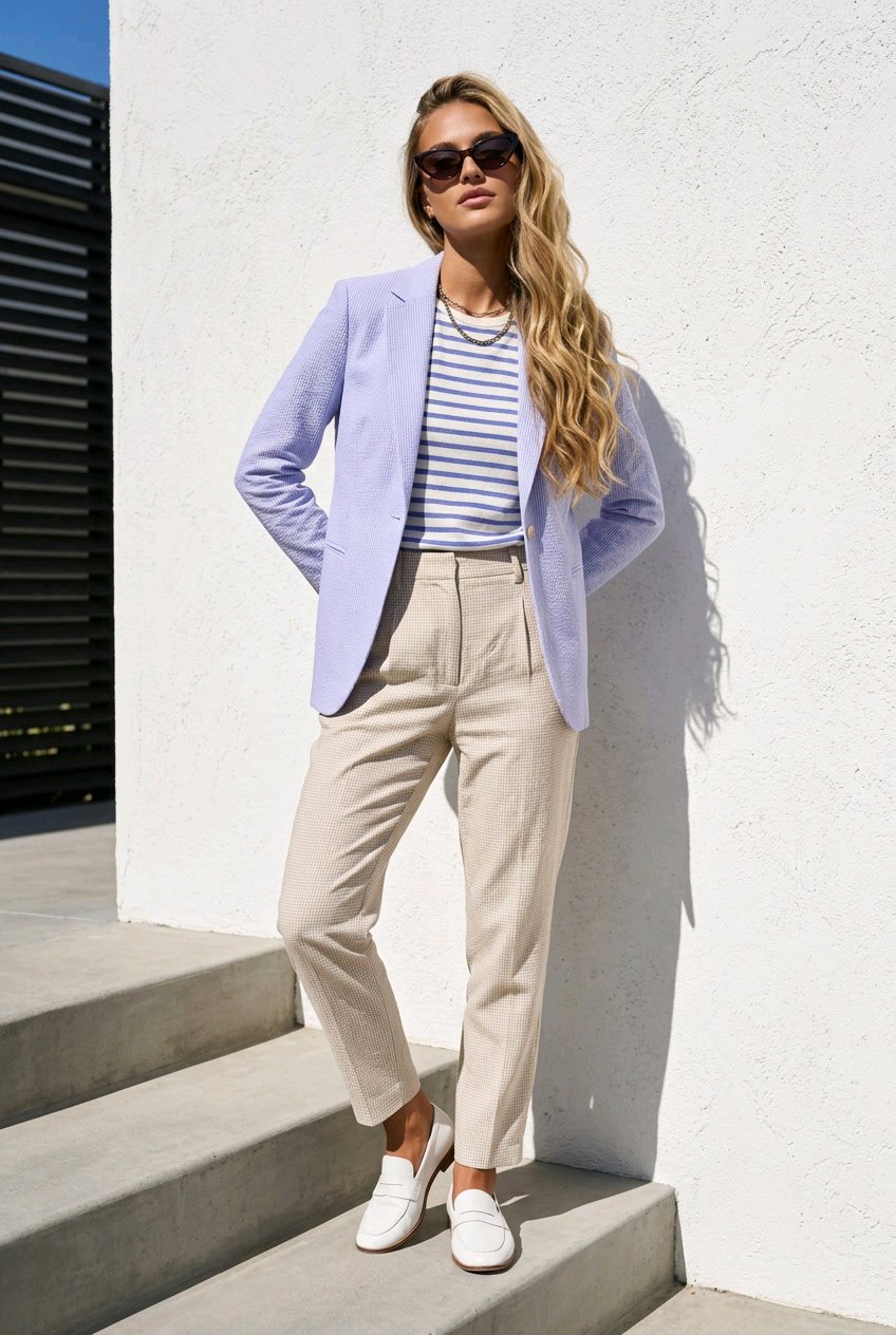 A woman stands on concrete steps against a white wall wearing a light lavender blazer, a navy and white striped t-shirt, beige trousers, and white loafers.