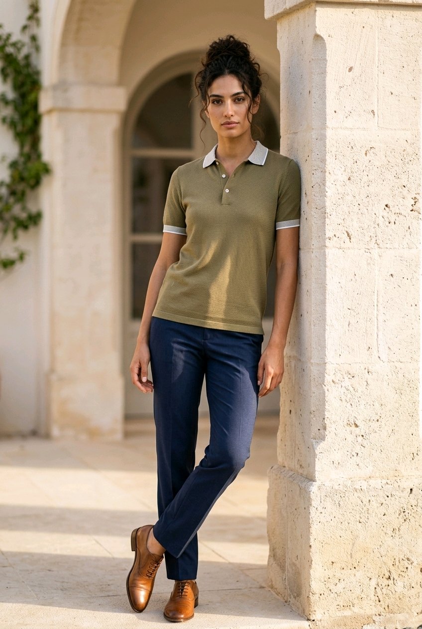 A woman stands outdoors against a beige stone column wearing an olive green short-sleeve polo shirt with white collar and sleeve trim, navy blue pants, and brown leather shoes.
