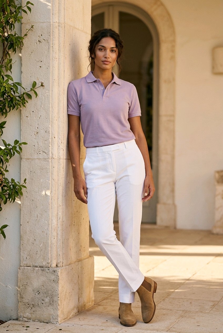 A woman stands outdoors against a stone archway wearing a light lavender short-sleeve polo shirt, white trousers, and tan ankle boots.