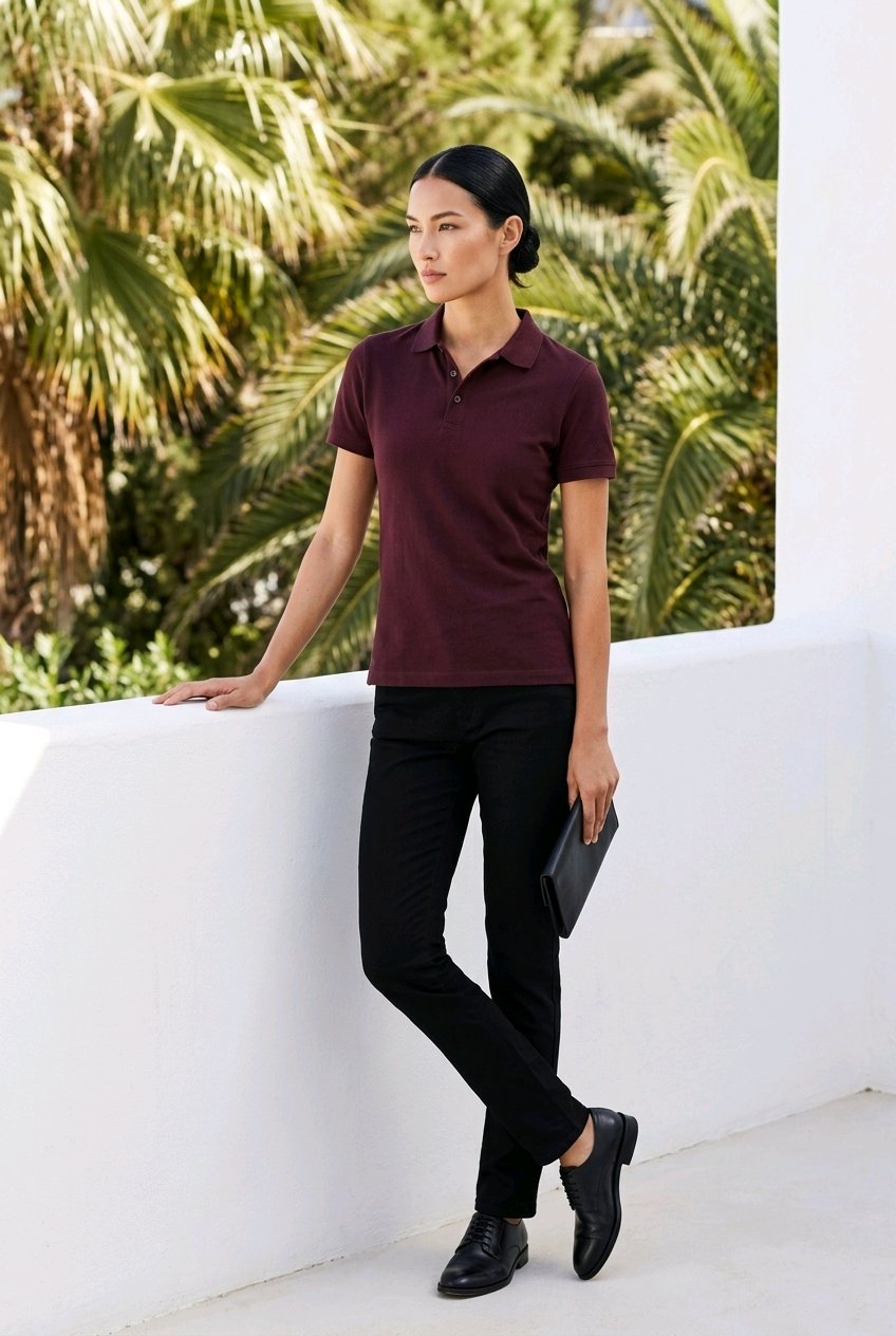 A woman stands outdoors against a white wall with palm trees behind her, wearing a short-sleeve polo shirt in deep burgundy and black pants. She holds a black clutch and wears black shoes.