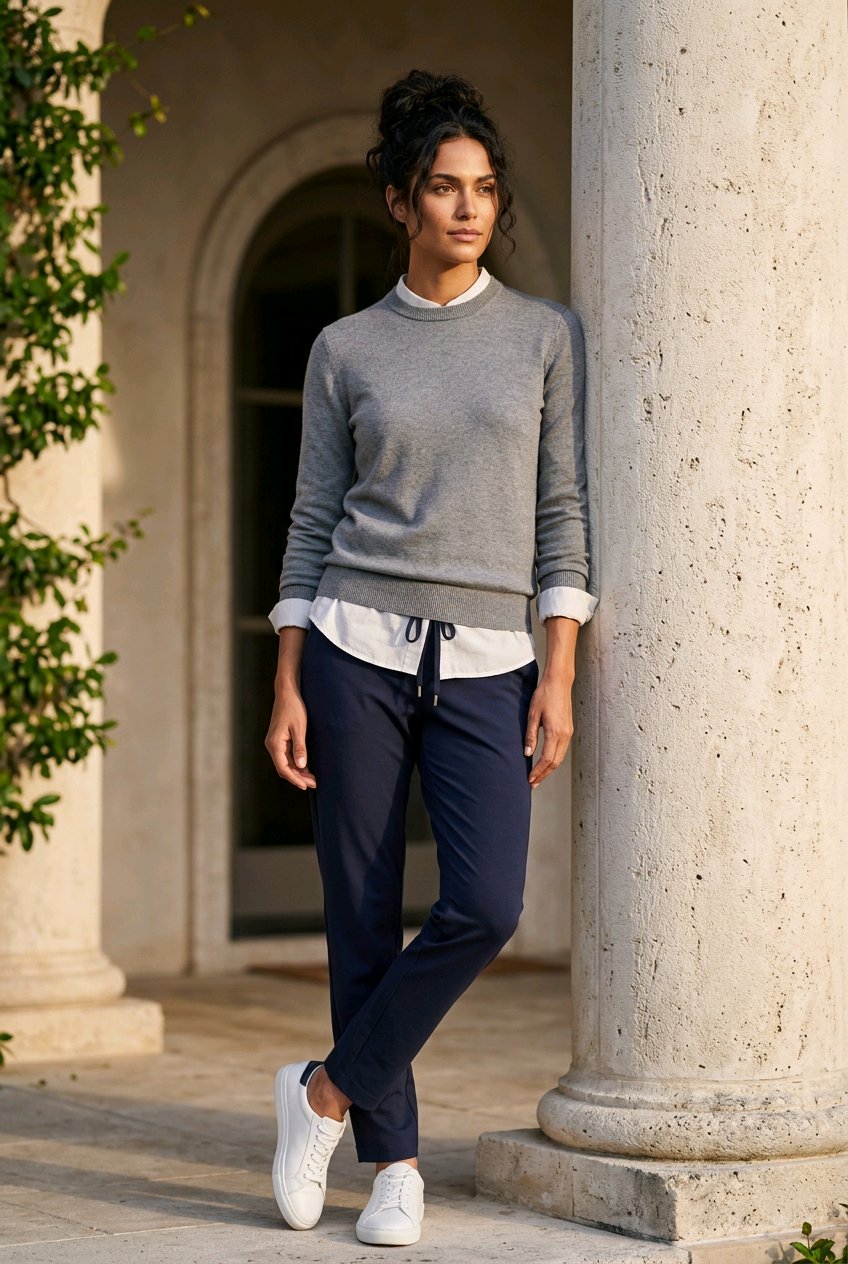 A woman stands outdoors between large stone columns, wearing a light gray crewneck sweater over a white collared shirt, navy drawstring trousers, and white sneakers.