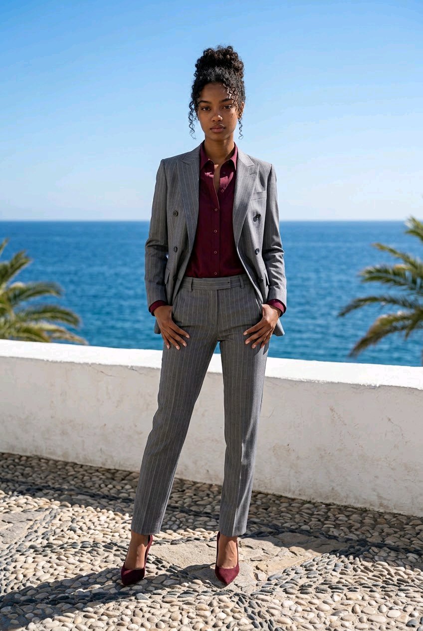 A woman stands outdoors by the ocean wearing a tailored gray pinstripe blazer and matching trousers over a burgundy button-up shirt, with burgundy pointed heels. A white wall and blue sea are behind her.