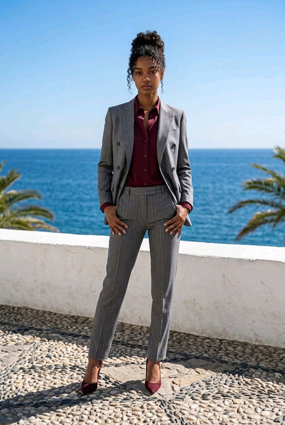 A woman stands outdoors by the ocean wearing a tailored gray pinstripe blazer and matching trousers over a burgundy button-up shirt, with burgundy pointed heels. A white wall and blue sea are behind her.