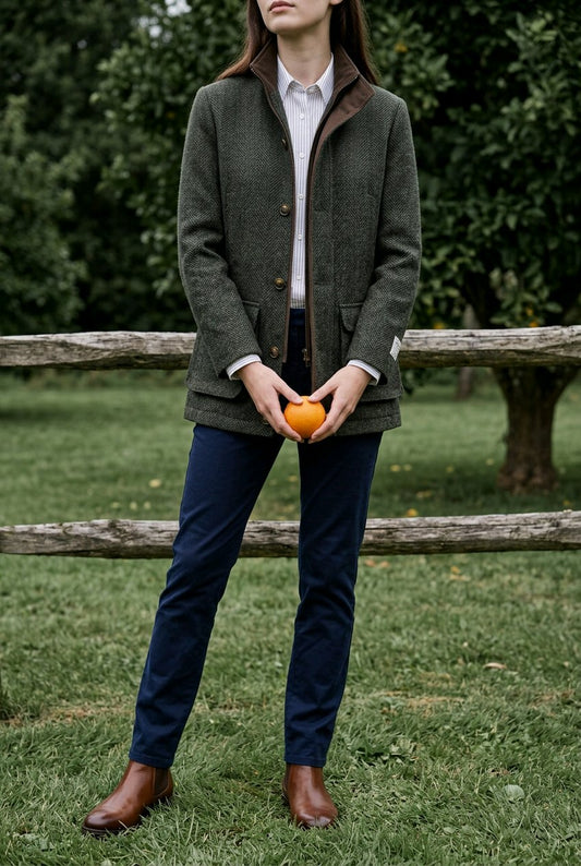 A woman stands outdoors in a grassy field with trees and a wooden fence behind her, wearing a dark olive tweed jacket with brown trim over a white collared shirt and navy pants, while holding an orange.