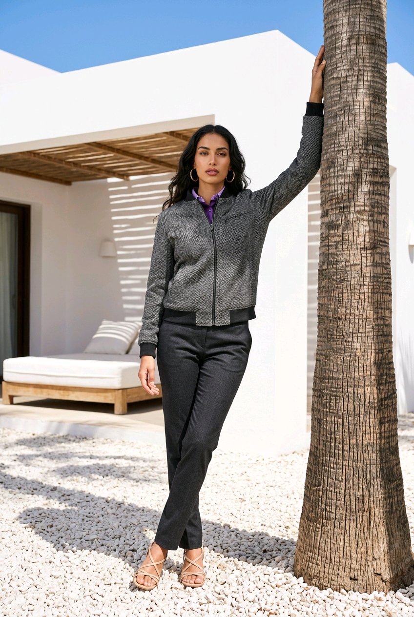 A woman stands outdoors in a modern white-walled courtyard, leaning against a palm tree. She is wearing a textured gray zip-front jacket over a purple top, dark charcoal pants, and strappy heels.