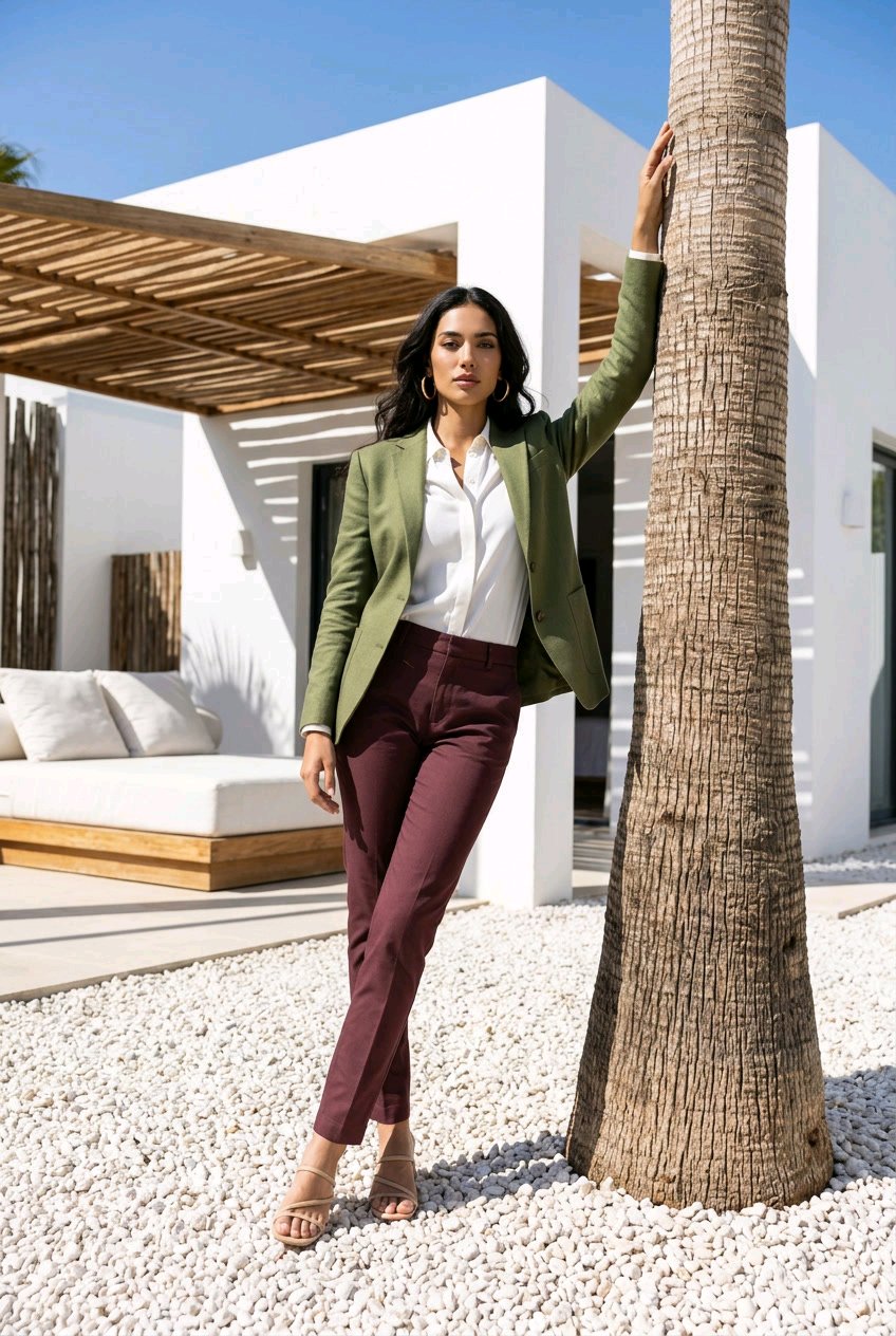 A woman stands outdoors in a modern white building with a palm tree, wearing an olive green blazer, burgundy pants, a white shirt, and beige heels.