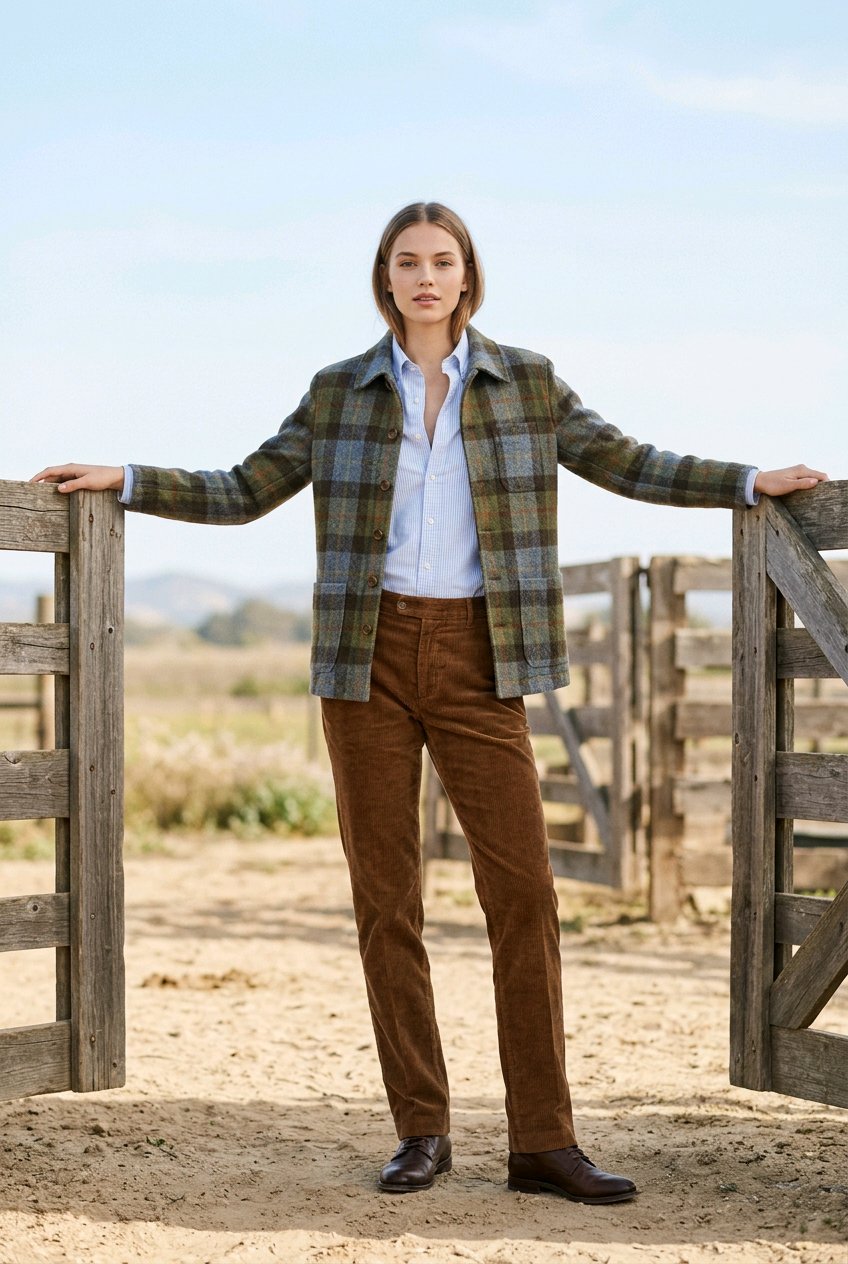 A woman stands outdoors in a rustic open gate wearing a green and brown plaid blazer over a white button-down shirt, paired with brown corduroy trousers and dark brown shoes.