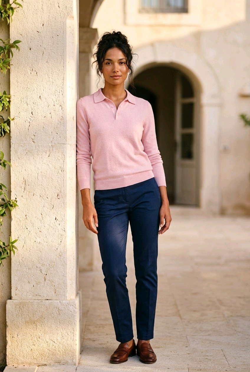 A woman stands outdoors in a stone courtyard wearing a light pink long-sleeve polo sweater, navy blue trousers, and brown leather loafers.