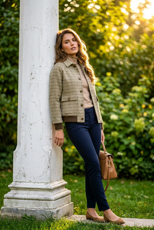 A woman stands outdoors leaning against a white column in a garden, wearing a beige and brown plaid jacket over a light pink top, dark blue jeans, and tan flats, while carrying a brown handbag.
