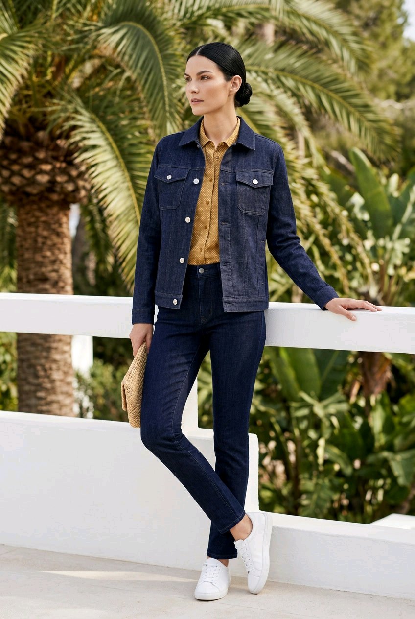 A woman stands outdoors leaning on a white railing, wearing a dark blue denim jacket and matching dark blue jeans over a mustard yellow button-up shirt, with white sneakers and a beige clutch.