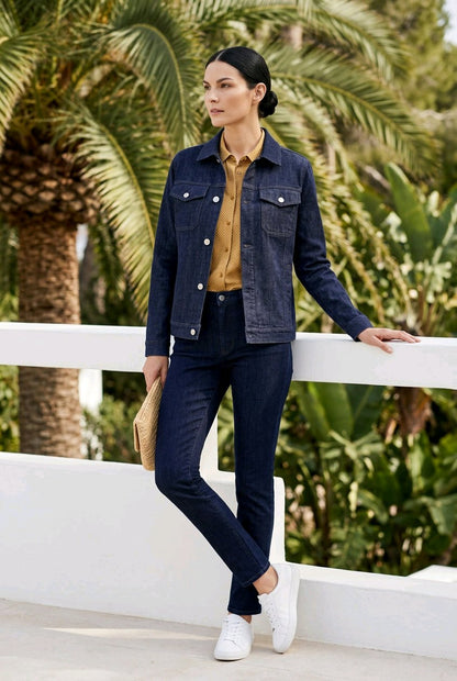 A woman stands outdoors leaning on a white railing, wearing a dark blue denim jacket and matching dark blue jeans over a mustard yellow button-up shirt, with white sneakers and a beige clutch.