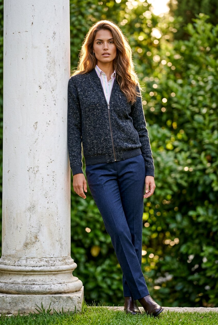 A woman stands outdoors next to a large white column, wearing a dark gray textured zip-up cardigan over a white collared shirt and navy blue trousers.