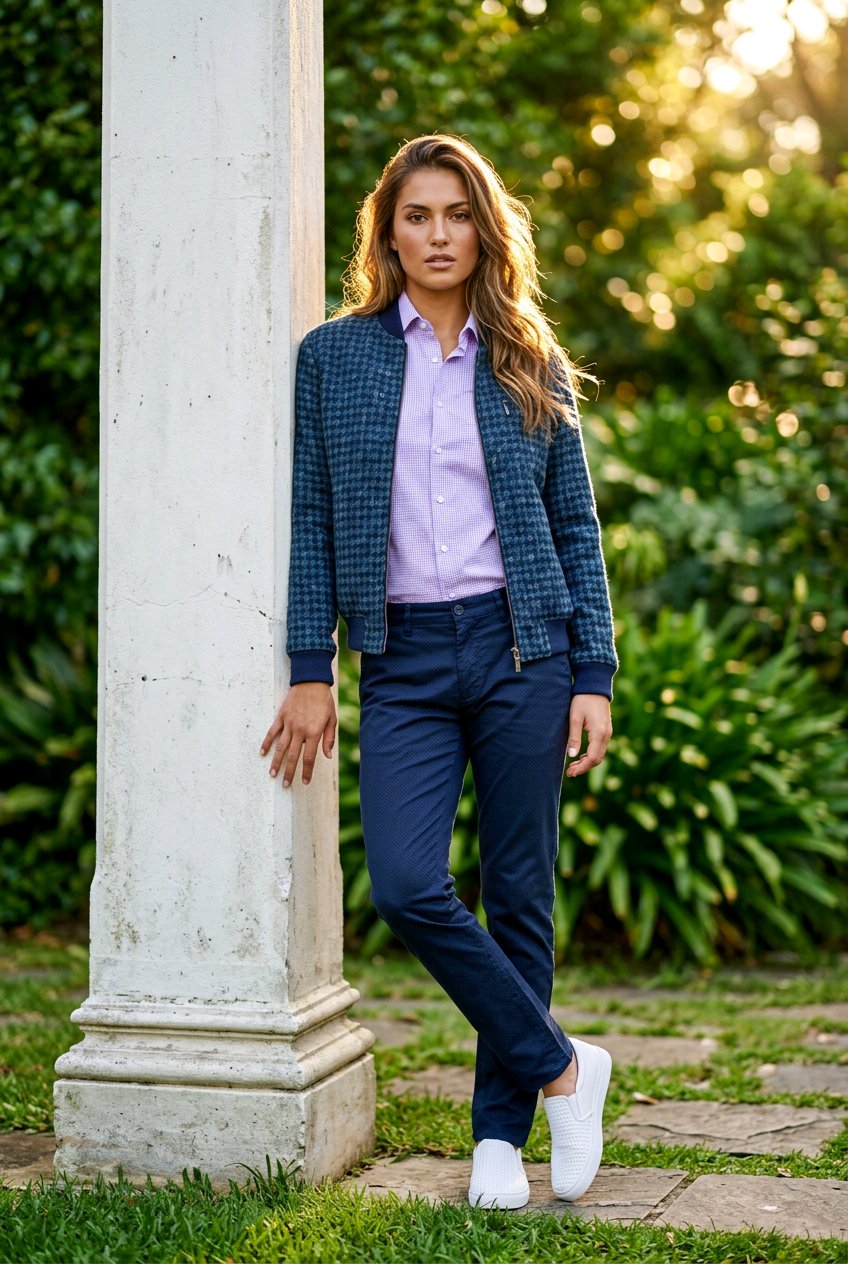 A woman stands outdoors next to a white stone column, wearing a navy blue plaid blazer over a light purple button-up shirt, navy trousers, and white sneakers.